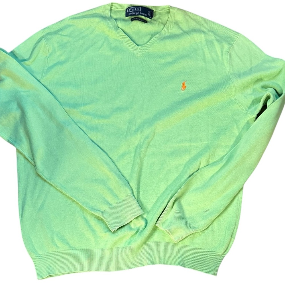 Polo Ralph Lauren Vintage Lime Green Orange Pony Pima Cotton V Pullover Sz L - Picture 2 of 7